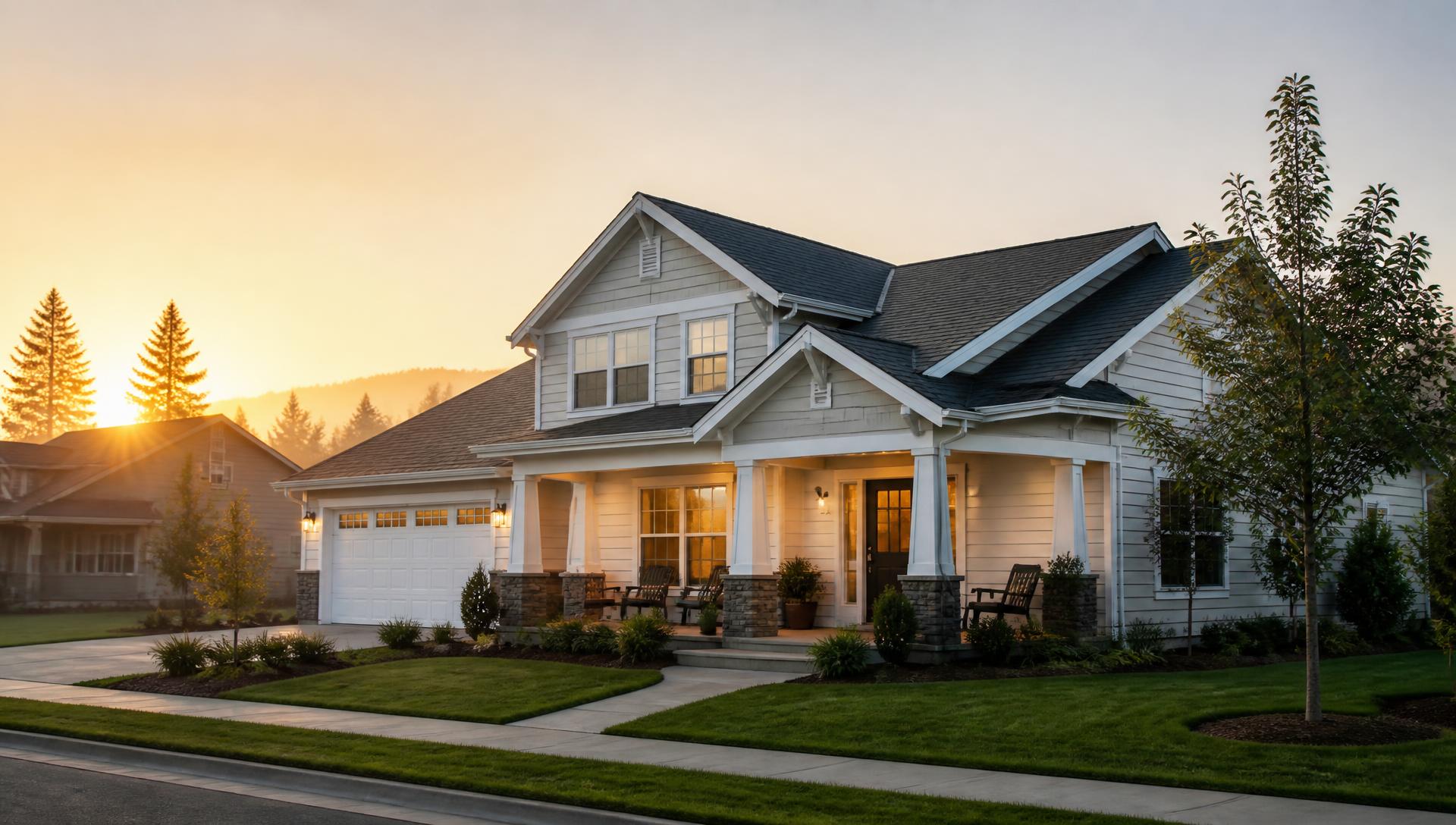 A modern family home at sunrise in a well-maintained residential neighborhood